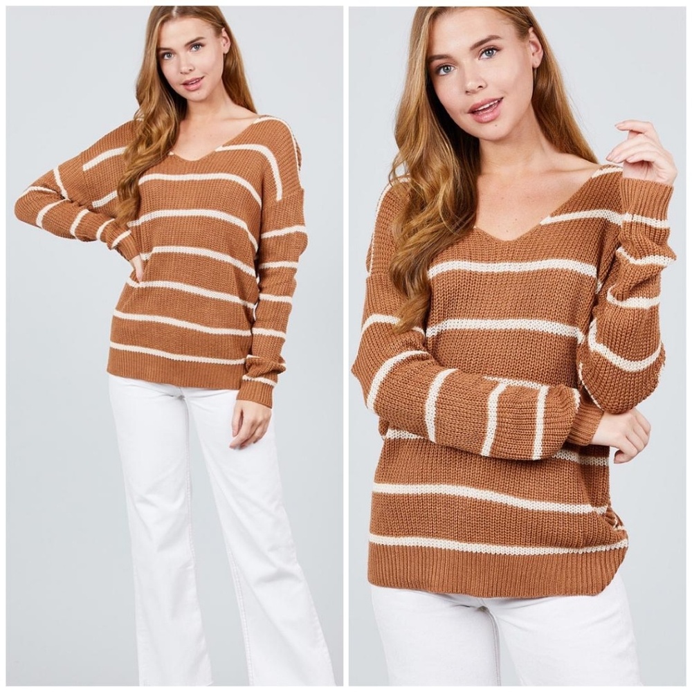 FEW LEFT❗Caramel Ivory Striped Back Twist Sweater - Picture 2 of 3